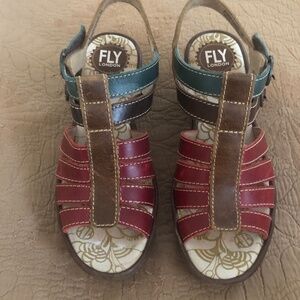 Fly London Multi strap red/brown/petrol sandal Size 38-7.5